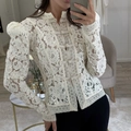 Slim-fit white lace long-sleeved shirt featuring Chinese mandarin collar and frog buttons - S / Off White