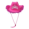 Hot pink cowboy hat with fluffy feather trim and silver crown emblem for party wear - Rose Red Feather With Silver Silk / Adult Size (58cm)