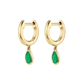 Elegant gold drop hoop earrings with vibrant green water-drop zircon stones on white backdrop - Green