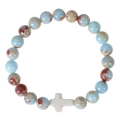 Bracelet en perles de pierre naturelle de 8mm avec une breloque en forme de croix blanche. - Bracelet en Pierre Shoushan