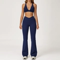 Women's dark blue yoga set with V-neck top and high waist flared leggings with side pockets - 2044 Bra + 2030-2 Flared Pants - Midnight Blue