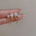 Golden rose clip-on earrings with white petals, pearl and zircon charms for non-pierced ears - Pearl Rose Clip-on
