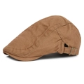 Classic tan retro flat cap in thick cotton twill with adjustable brass buckle - Khaki