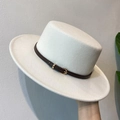 Classic white wool boater hat featuring a flat top and brown leather belt buckle detail - M (56-58cm) / White / Brown Band