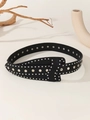 Detail of black punk leather belt with triple-row silver round studs and metal buckle - Full Studded Blade Belt Button Style (1463)