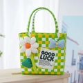 Handwoven green and yellow checkered picnic basket with large flower and bow decor - Sunflower Bow Decoration / Green Yellow White
