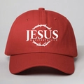 Close-up of Jesus Way Truth Life screen print and crown of thorns on red cotton cap - One Size / Red