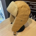 Winter aviator trapper hat in ginger yellow canvas with warm white sherpa fleece lining - Single Hat / Khaki