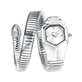 Detailed view of silver snake watch with diamond bezel and blue gemstone crown - Silver White