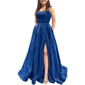 Sparkling dark blue sequin evening dress featuring a high slit and backless design - US size 14plus / Royal Blue