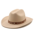 Macro shot of beige felt cowboy hat showing brown leather band with silver metal studs - M (56-58cm) / Beige