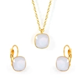 Golden stainless steel jewelry set featuring square white opal stones with earrings - Gold-White Crystal
