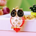 Red and white enamel owl keychain with gold finish and sparkling rhinestones - A430 Owl K Pink
