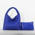 Bright blue woven bucket bag set with matching pouch in high-quality leather texture - Navy Blue