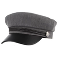 Detail of grey fiddler cap with black faux leather visor and silver metallic button - M (56-58cm) / Gray