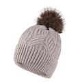 Modische Damen Zopfstrickmütze mit flauschigem Kunstfell-Bommel für den Winter - L (58-60cm) / Hellbeige