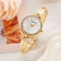 Close-up of gold women's watch featuring a crystal bezel and elegant open metal band - Gold Round Pave Rhinestone Bezel Style (XXZ012-J)