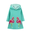 Long-sleeved mint green cotton dress for girls with detailed flamingo embroidery and hood - 3T/Recommended Height 90-95cm / Bottom - Lake Green Flamingo (7793) / Lake Green Flamingo (7793)