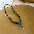 Ethnic ceramic butterfly pendant necklace with tiger eye stones and braided cord - Colorful Natural Stone Butterfly Seed Bead Necklace