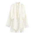 Elegante abito corto in raso bianco a maniche lunghe con collo a sciarpa e vita elastica - XS / Avorio