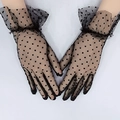 Elegant black polka dot mesh gloves with ruffled wrist detail for party dresses - Full Finger/Ruffle / Black/Polka Dot