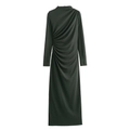Elegant dark green long sleeve midi dress featuring side ruched pleated waist details - XS / Green