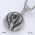 Macro detail of 25mm Viking cobra pendant with stainless steel chain and dimensions - Cobra Relief Style 11
