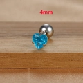 Macro shot of 4mm heart-shaped blue zircon stud earring with polished silver base - 4mm Silver Tone Blue Style (E1611)