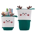 Cute green canvas telescopic pen case with reindeer horns in standing and folded modes - Green Christmas