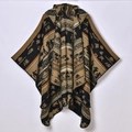 Ethnic knit poncho with geometric patterns and folk figures in black and beige - 135x155cm / Black Camel