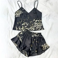 Conjunto de pijama de satén negro con estampado floral, camisola y pantalones cortos - 3XL / Cereza Negra