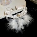 Detail of elegant choker with white velvet band, crystals, pearls and feather fringe - White Velvet Feather Crystal Style