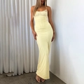 Pale yellow slim fit lace maxi dress with spaghetti straps and side split detail - XS / Light Yellow