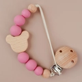 Pink silicone and natural wooden bead pacifier clip with a cute bear-shaped pendant - Skin Pink(78#)