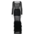 Sexy black long sleeve lace two-piece set with sheer stacked mermaid skirt on model - S / Black