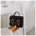 Detail of glossy black patent leather mini crossbody bag with gold chain and double buckles - Black