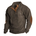 Men's dark coffee corduroy standing collar jacket with brown elbow patches on white background - S / Tops / Coffee