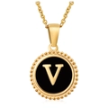 18K gold plated stainless steel necklace with round black pendant featuring letter V - Gold V (With Chain)