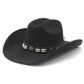 Classic black faux suede cowboy hat with ethnic beaded band and wide curved brim - M (56-57cm) / Black Faux Suede