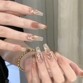 Brown gradient long coffin press-on nails with white flower patterns and glitter - By1507 Birdsong And Fragrance / Glue Type