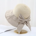Cappello da sole in paglia da donna con fiocco grande ed elegante tesa in tessuto - M (56-58cm) / Cachi