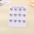 Set of 6 pairs silver stainless steel heart stud earrings with sparkling clear crystals - Silver/White