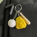 Miniature baseball keychain with white softball, yellow glove and wooden bat pendant - Small Baseball Glove and Bat Set / Yellow