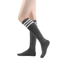 Close-up of dark grey knee-high socks with three white stripes in JK style - One Size / Dark Grey/White Stripes