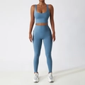 Ensemble de sport bleu brume avec haut court à col en U et legging taille haute - 10/M / Pantalon à Double Épaule Bleu Gris Clair