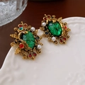 Vintage gold C-shaped earrings with large green stone and multicolored gems - 9# Silver Needle Glass Pearl Stud Earrings