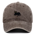 Close-up of black cat embroidery on brown washed cotton vintage baseball cap - Adjustable / Coffee