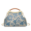 Light blue embroidered cheongsam handbag with gold floral patterns and wooden handle - Blue