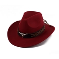 Close-up of wine red cowboy hat with black leather band and silver bull head metal detail - Roped Bull Head Style / Burgundy