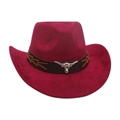 Wine red faux suede western cowboy hat with silver bull head emblem and embroidered band - Burgundy